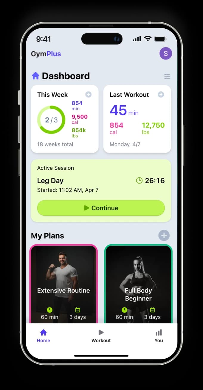Gym Plus workout tracker dashboard showing personalized workout plans, progress tracking charts, and exercise library interface